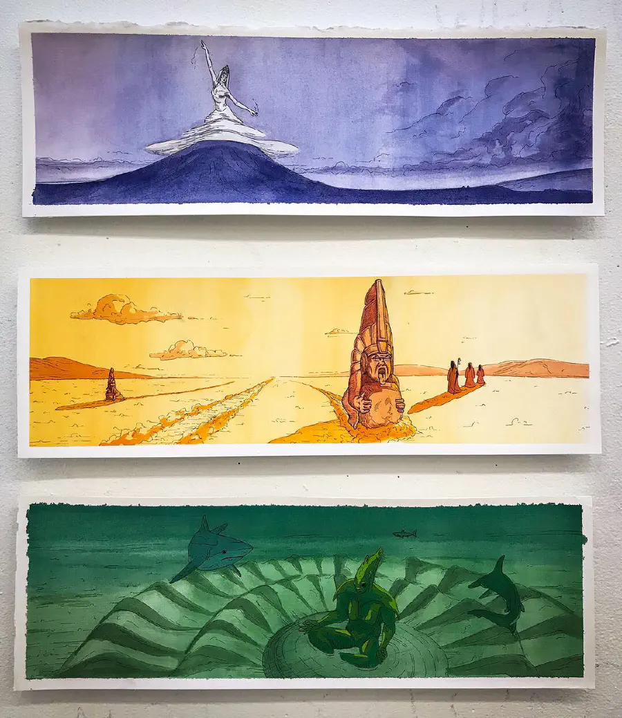 3 illustrations stacked on top of each other, each with a different dominant color. THe top is blue, the middle is yellow, and the bottom is green. Each depicts a different natural scene with some sort of human figure in each.