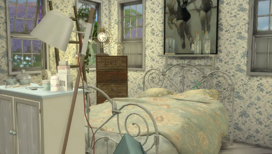 A bedroom with warm-toned furniture created in Sims.