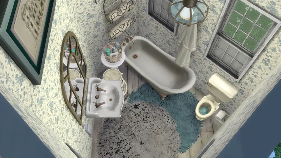A bathroom with blue and white accents created in Sims.