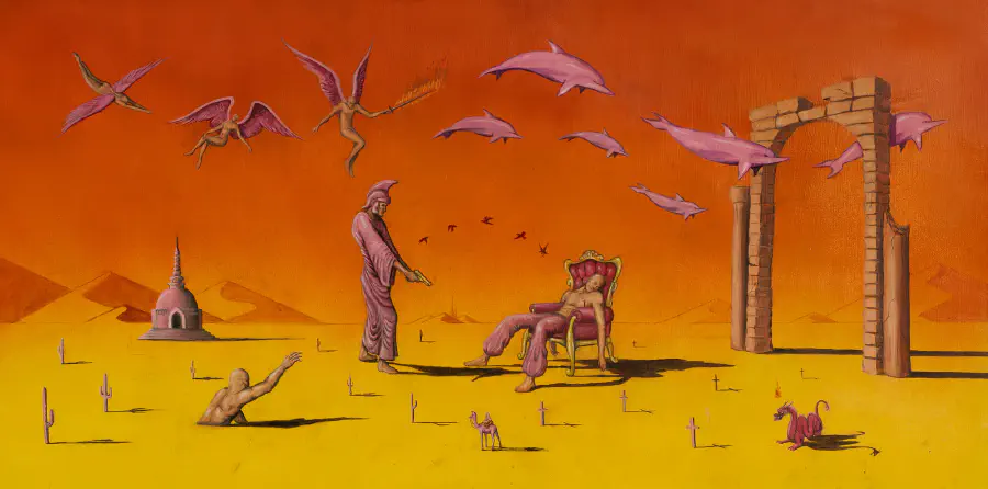 A surrealist painting where two figures stand in a desert. A figure has shot the other, who is sitting in a throne. Dolphins swim in the sky next to angels, one of whom holds a flaming sword.
