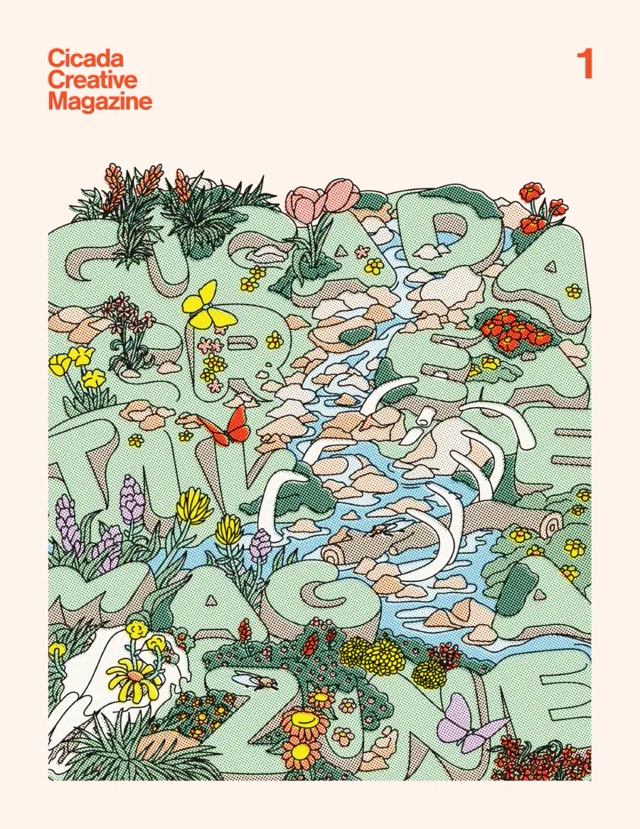 A stylized cover illustration depicting letters spelling Cicada Creative Magazine in a river surrounded by flowers and bones.