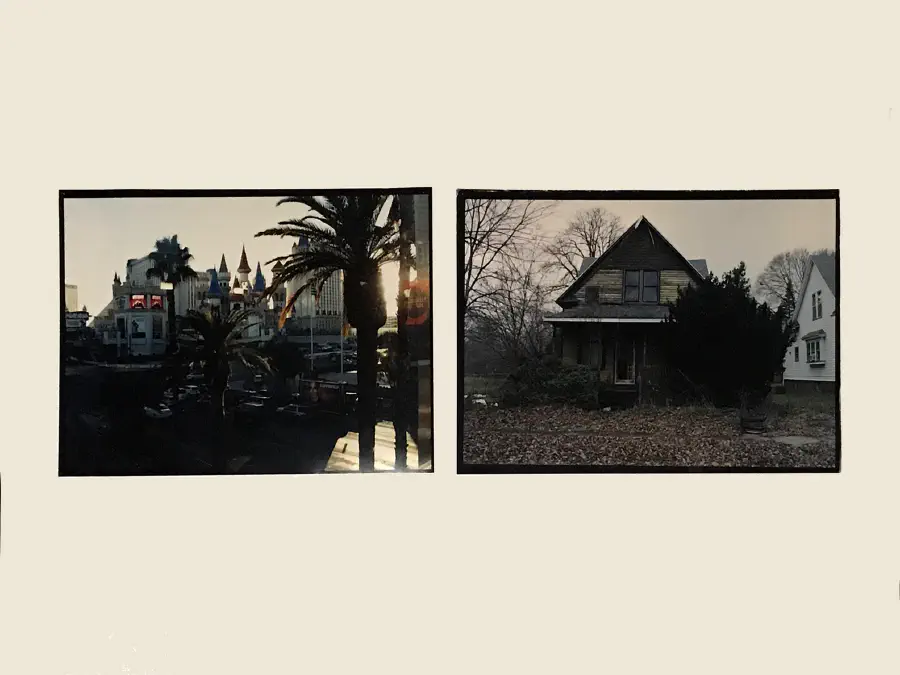 More film photos. The left shows some sort of theme park and the other shows a dilapidated home. Each photo set depicts a busy space and a lonely space.