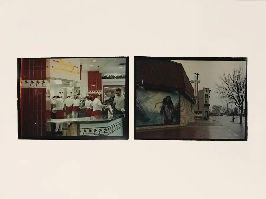 Two film photos. One depicts workers at a fast food restaurant handing food to someone. The other depicts an empty street on an overcast day near a church.