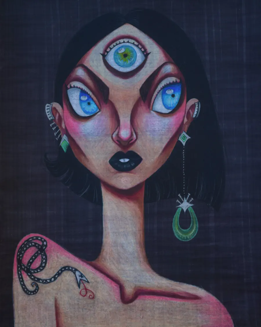 A drawing of a woman with black lipstick and blue eyes. She has a third eye open on her forehead. A jade earring hangs from her ear. She has a snake tattoo on her shoulder.