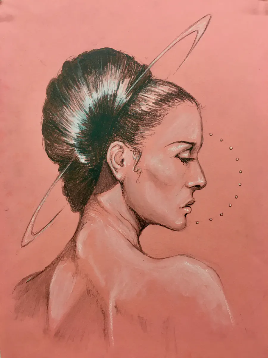 A drawing of a woman with her hair done up. The paper is pink and so is she. A halo surrounds her head.