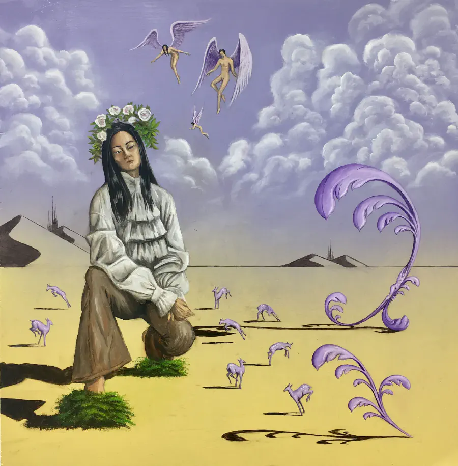 A thin woman with bushesfor shoes is kneeling in a surrealist desert with angels circling her head and walking purple plants..
