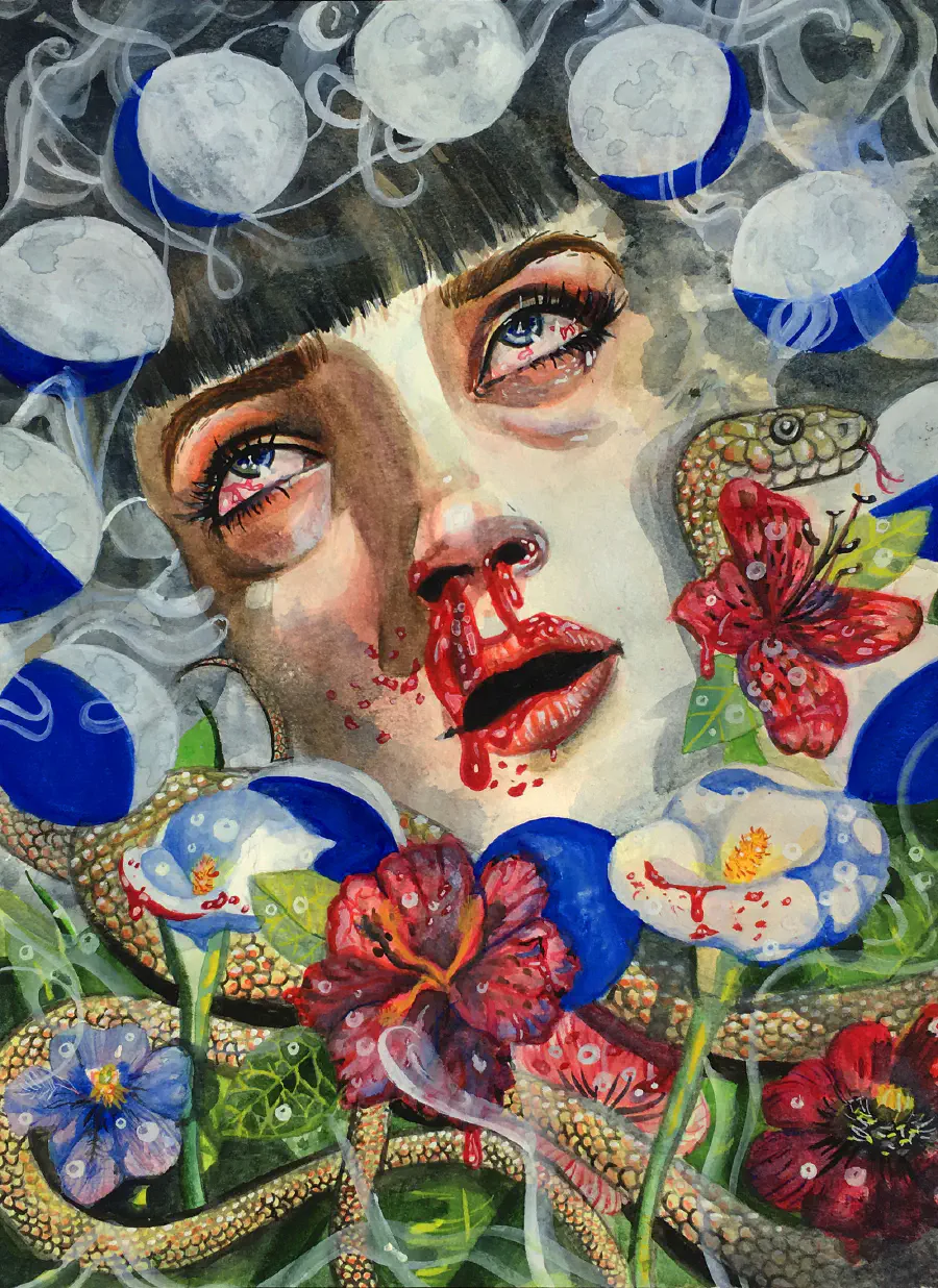 A stylized illustration of a woman's eye's looking up, distressed. She is bleeding from her nose and there are snakes and flowers and the moon cycle surrounding her face, appearing to almost smother her.