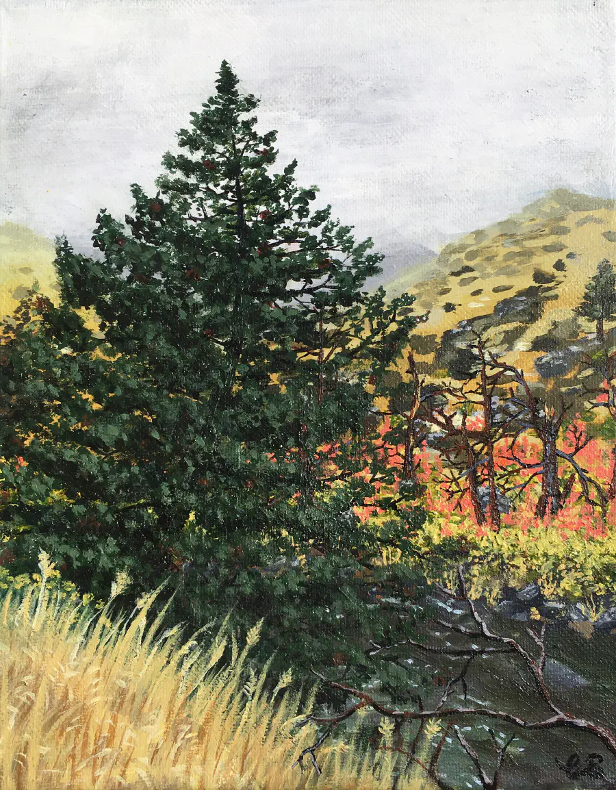 A painting of a tree in a field.