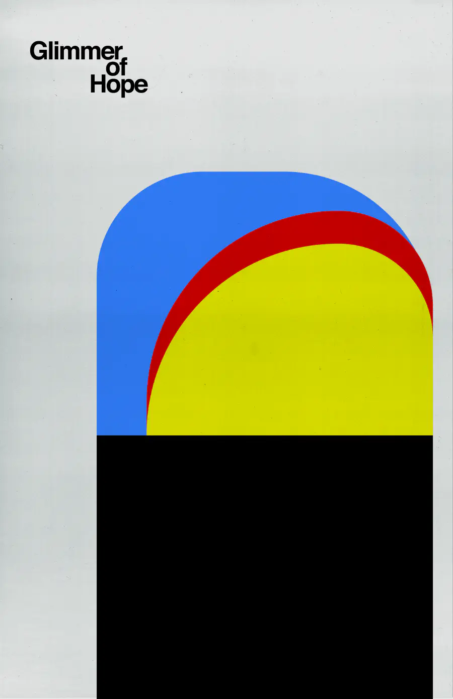 Graphic design project that shows a white background with a rounded rectangle with a black bottom and blue, red, and yellow top.