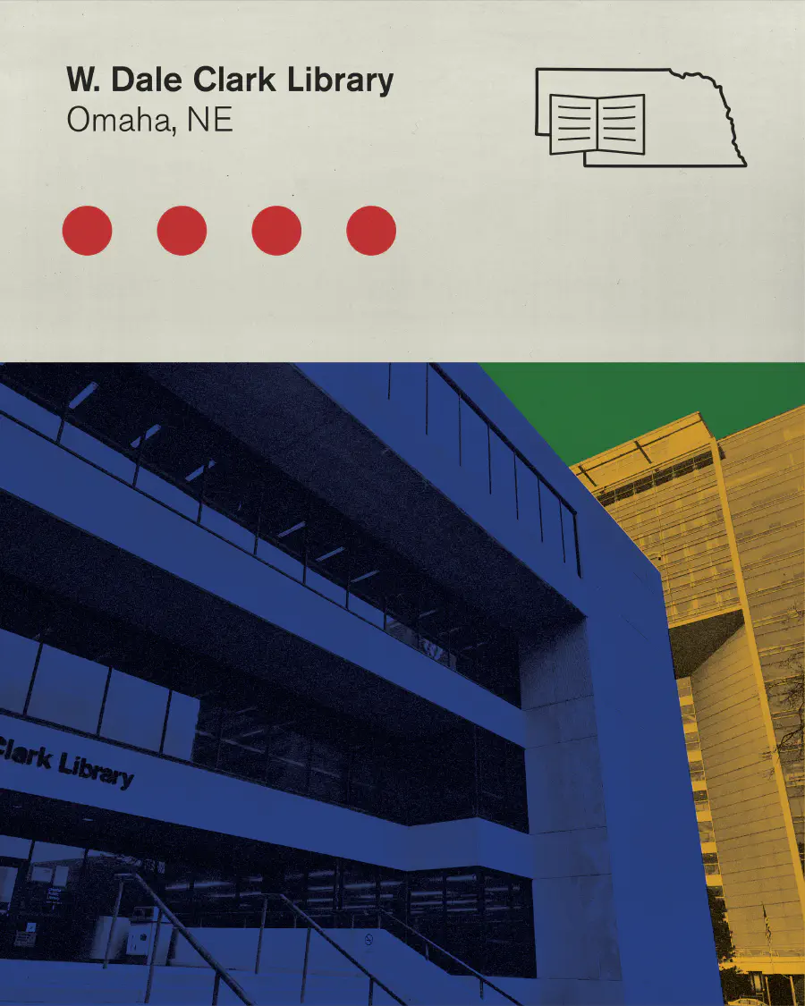 Graphic design poster that shows a saturated and filtered photo of the Clark library with a map and book at the top.