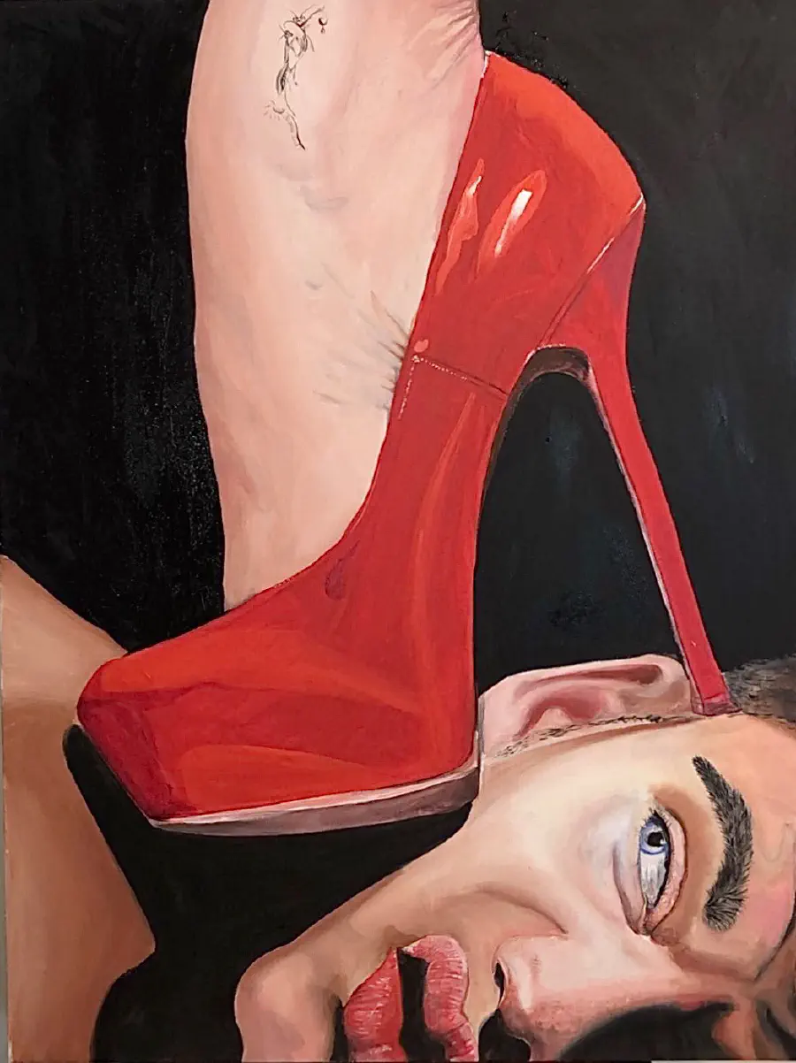 Painting of a person with a red high heel stepping on a man's face.