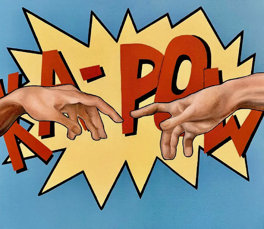 Two hands outstretched towards another, fingers nearly touching, with a comic book style speech bubble behind it saying KA-POW!