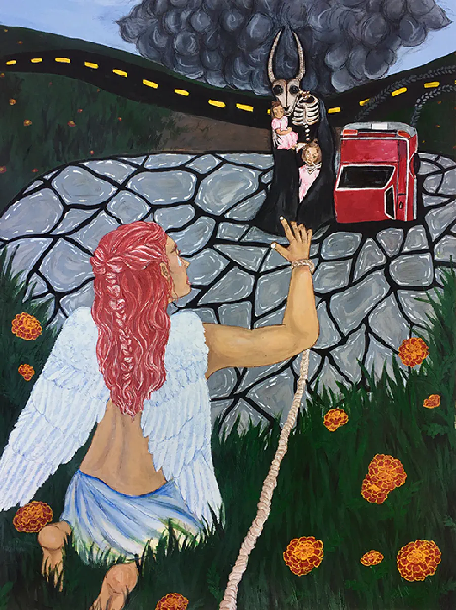A woman with angel wings, a single tear, and red hair reaching out to a grim-reaper animalistic figure holding two young girls in pink dresses. The angel is bound by her wrist with a rope that extends off the canvas. A car is sinking into the ground. A plume of black smoke frames the composition. There is a road in the back with car tracks veering off, implying a car crash.