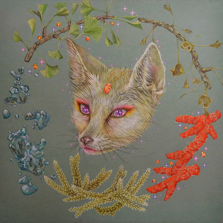 A disembodied fox's head with purple sparkley eyes, pink and yellow eyeshadow, pink lipstick, and a red amulet laid atop its head is surrounded by various natural symbols. These symbols include tree branches, coral, hay, and water.