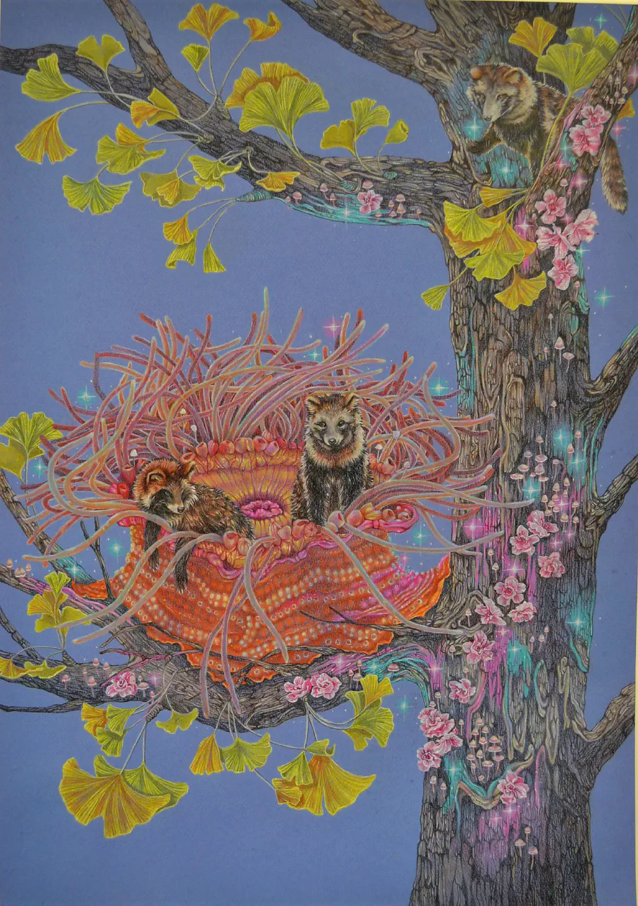 Two furry bear-like creatures inside a large anemoneme-esque nest atop a tree branch. The image is heavily stylized and delicate.