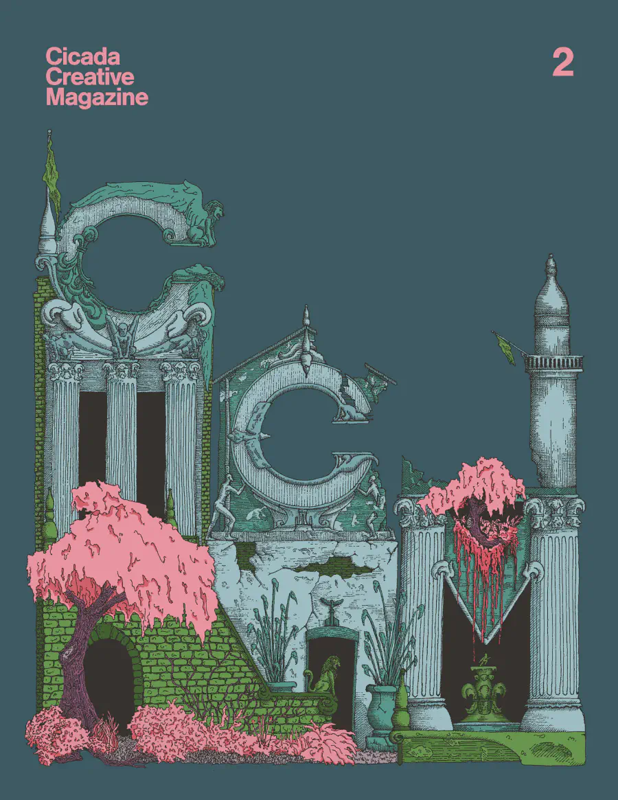 A cover illustration depicting a dilapidated desaturated grey-blue building with pink flowering trees growing on it. The pillars spell the letters CCM.