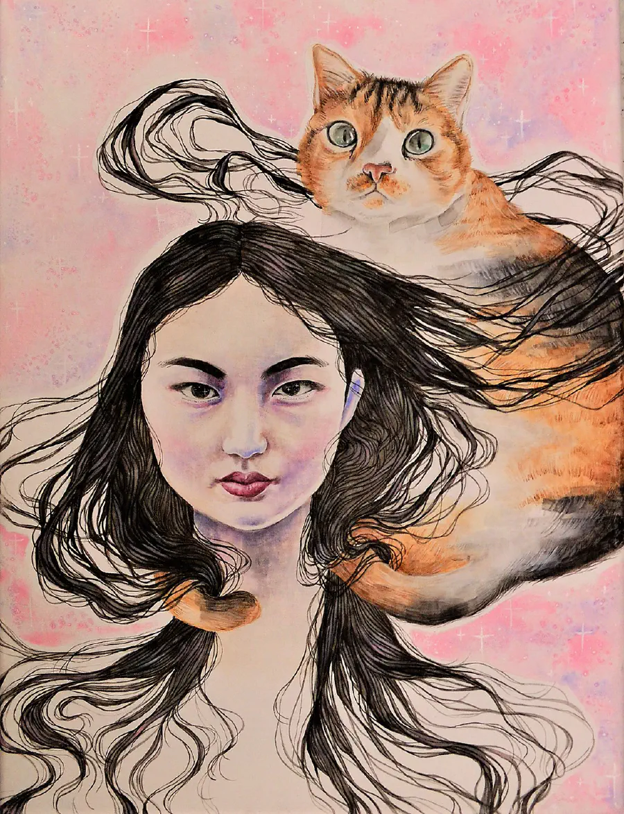 A watercolor pink background with a woman's disembodied head on top. Her hair flows around her and her striped cat, whose tail seems to loop around where her neck would be.