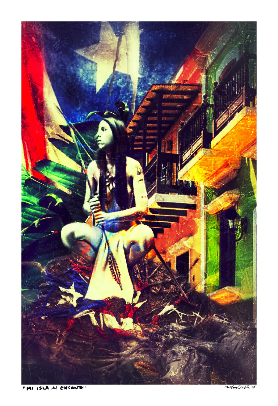 An abstract image of a Taino figure sitting atop an abstracted image of the Puerto Rican flag. The backdrop has a Puerto Rican flag interspersed with an image of San Juan.