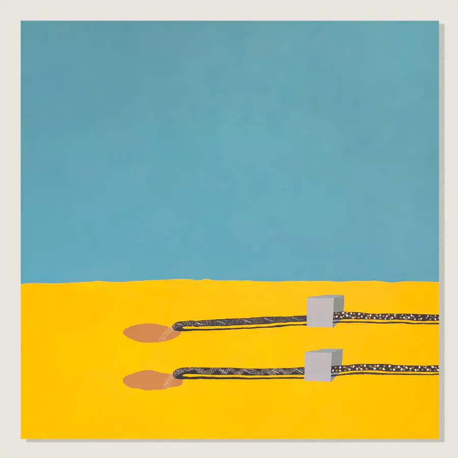 Abstract blue and yellow image with a snake-like structure passing through a grey box and depositing something into brown holes.