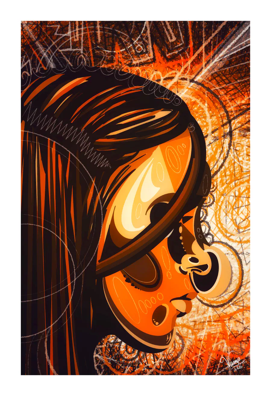 Brown, orange, and yellow toned digital illustration of a person's stylized side profile.