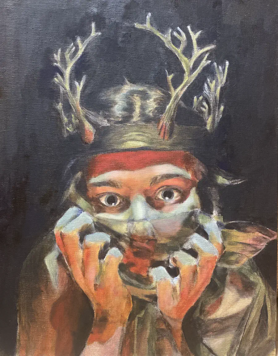 A realistic painting of a person seemingly removing a mask--or their own face. They have dilated pupils and gray eyes and stare at the viewer. Their mouth isn't visible. The figure is wearing a crown-like structure with antlers.