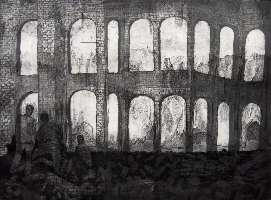 A black and white drawing of people standing outside a building that's ablaze. The people watch on pensively.