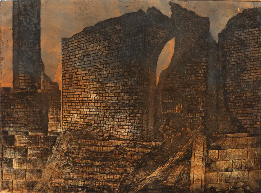 Intricately rendered ruins crumbling and in disarray. The image is shaded with oranges and browns.