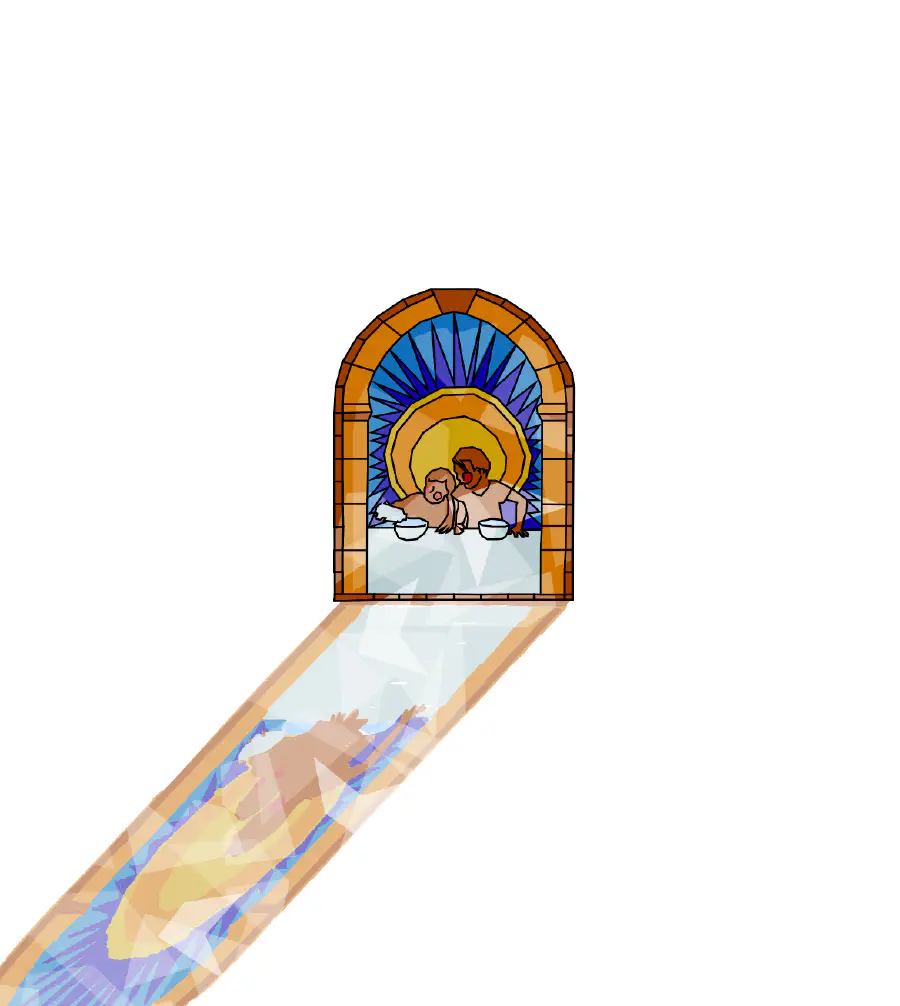 An illustration of a stain glass window that depicts two figures sitting next to each other and getting food. The glass casts a long shadow.