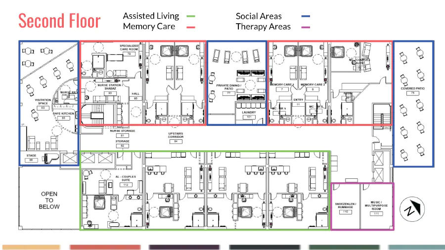 Second floor map that includes areas for assisted living, memory care, social areas, and therapy areas.