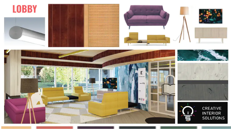 Lobby mockups. Includes colorful furniture.