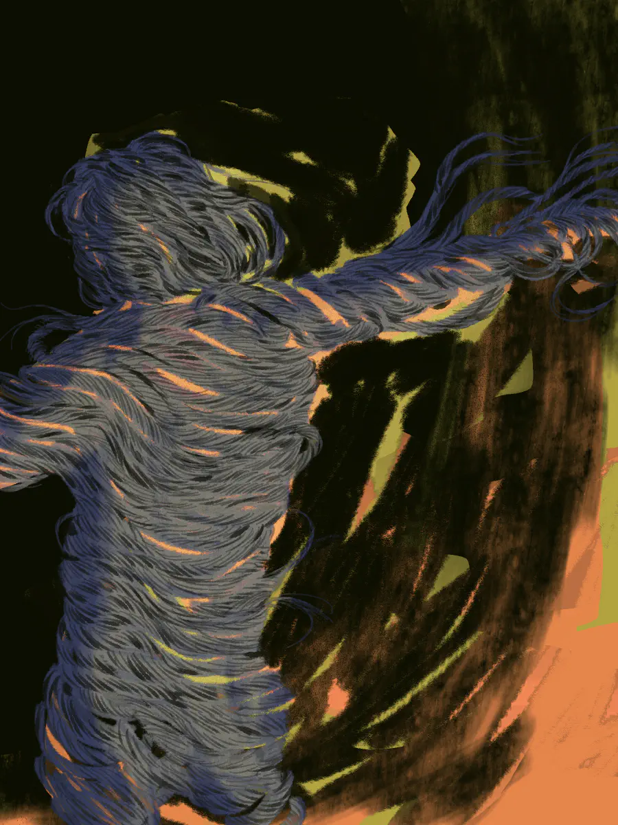 A person wrapped in rope seems to be firey. The hair also seems to be made from rope. The person's arms are outspread and they appear to be sinking into the dark.