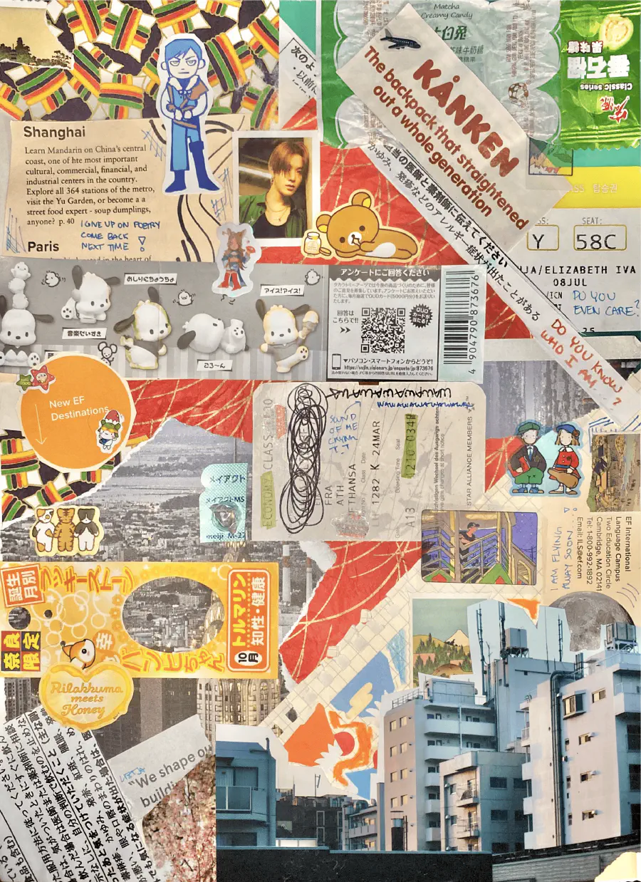 A collage that includes stickers, receipts, tickets, and photographs. There are magazine cutouts, scribbled on scraps of paper, a QR code, and miscellaneous other scraps. There is a scrap of a receipt that reads 'DO YOU KNOW WHO I AM...?'