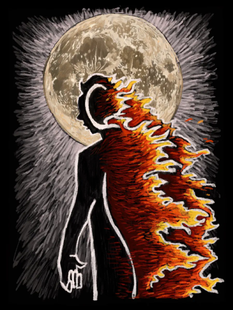 A dark, mysterious figure that is half engulfed in flame. A moon with dense motion lines shine behind the dark red figure, who appears to be approaching it and looking back.