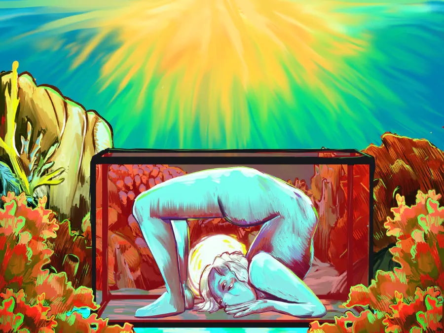 A surrealist, bright digital illustration. A light blue, naked figure insight a red fish tank that has four eyes is contorted in an upside down U shape, their head by their feet planted on the ground. The sun is shining from the top,.and it appears there are coral and other aquatic plants growing around the figure.
