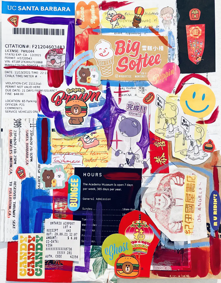 A collage of various stickers, receipts, ticket stubs, a traffic citation, and other stylized scraps of paper. The collage is bright and intimate.