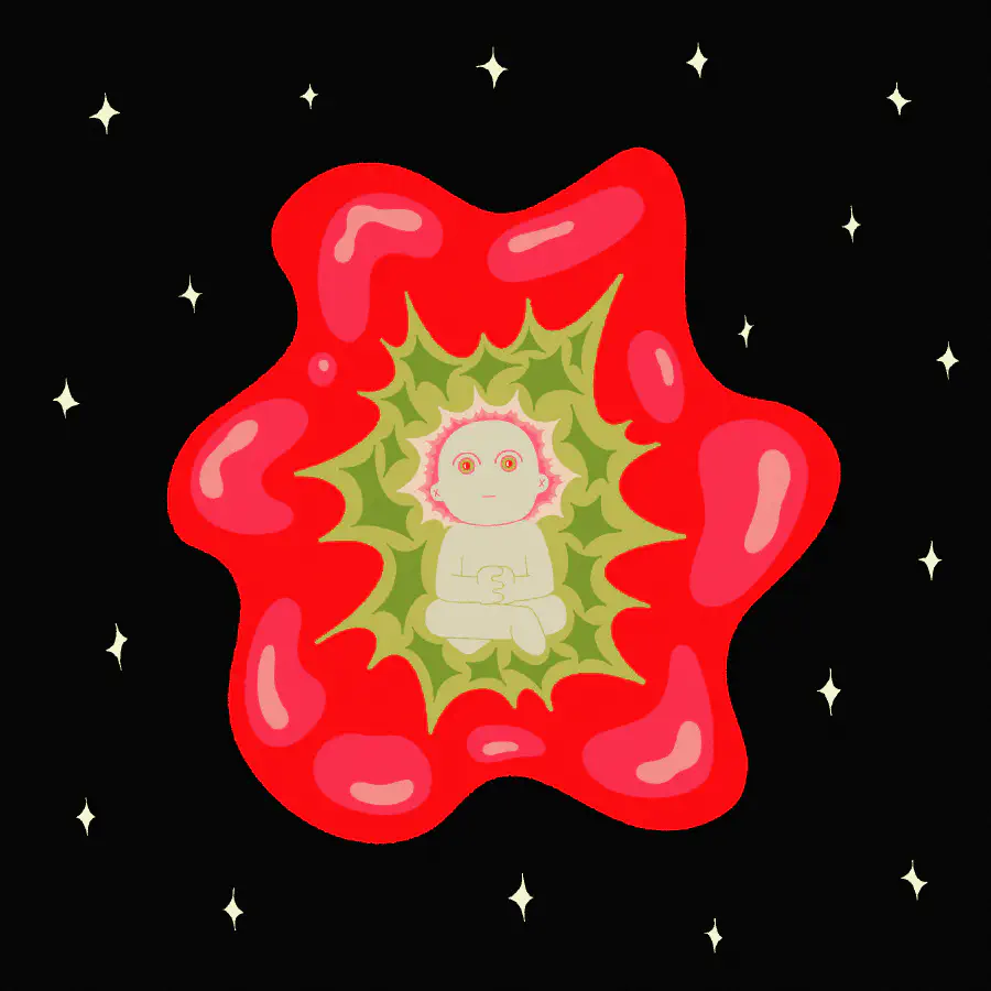 A dark space with stylized stars is the backdrop. In front of it, there is a wide-eyed baby sitting criss-crossed in an abstract flower-like construct.