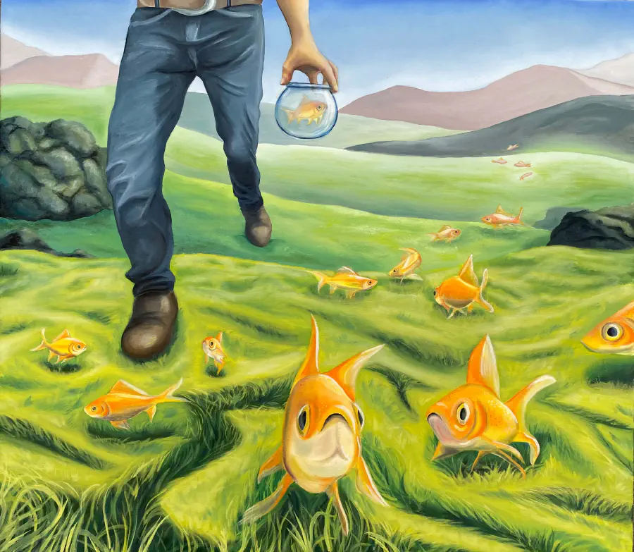 A person running throw a meadow holding a goldfish in a fish bowl. Goldfish swim atop the meadow as if it is underwater.