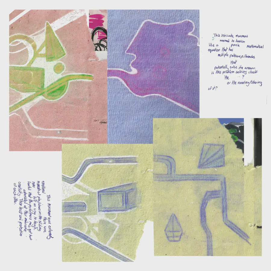 A collage comprised of 4 major images with text scrawled to the side. The images have strikingly different pallettes, and the two at the bottom appear to be part of one larger image. The images are abstractly humanoid.