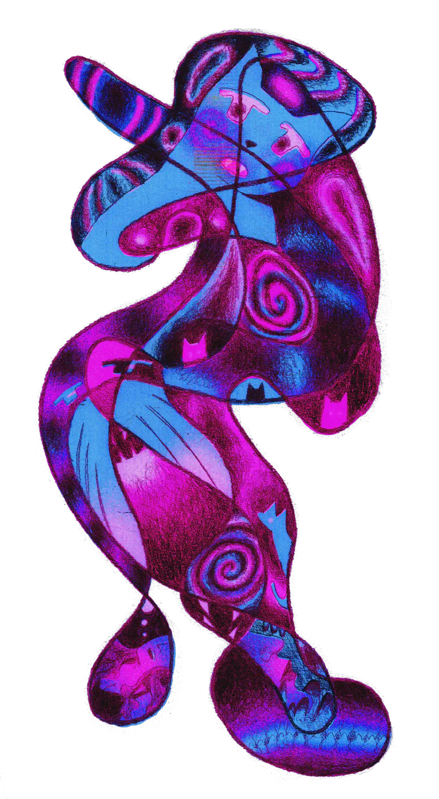 A transparent render of a distorted pink and purple creature that looks distressed. Many individual images make up its twisted body. Examples include cats silhoutted by darkness, parts of faces, and colorful swirls. The creature seems to be attempting to walk.